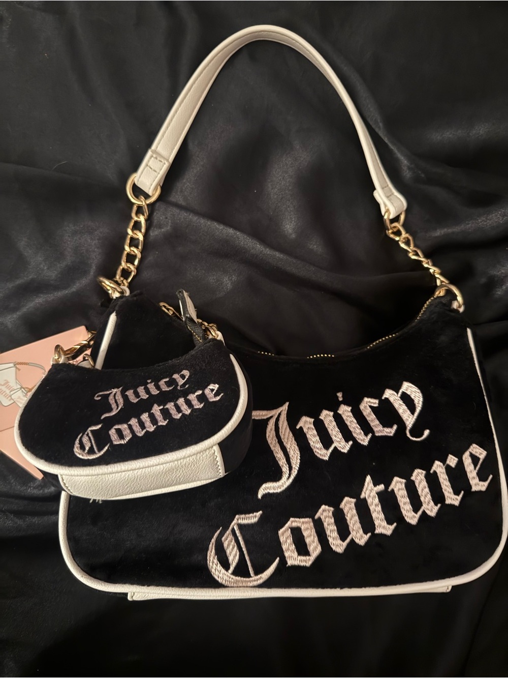 Juicy Couture Black Velvet Shoulder Bag with White Trim & Coin Pouch